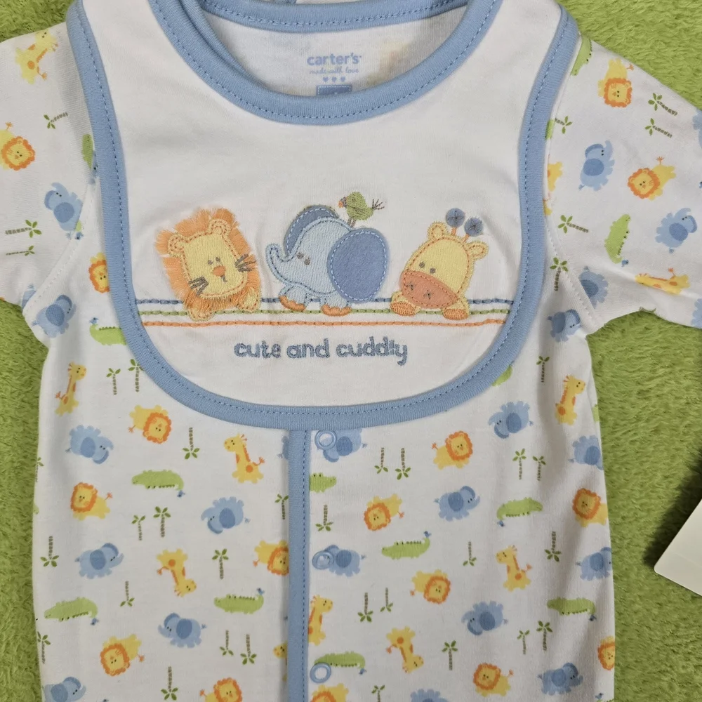 NWT 6-9M Baby BOYS 2P FOOTIE & BIB  LION  ELEPHANT + GIRAFFE  CUTE & CUDDLY (Q1) - Picture 5 of 6
